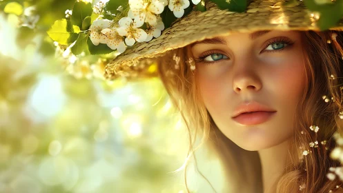 Photosynthetic summer portrait with floral straw hat optics.