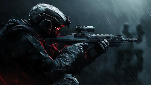 Heavily armed soldier aiming rifle in dark rainy combat scene.