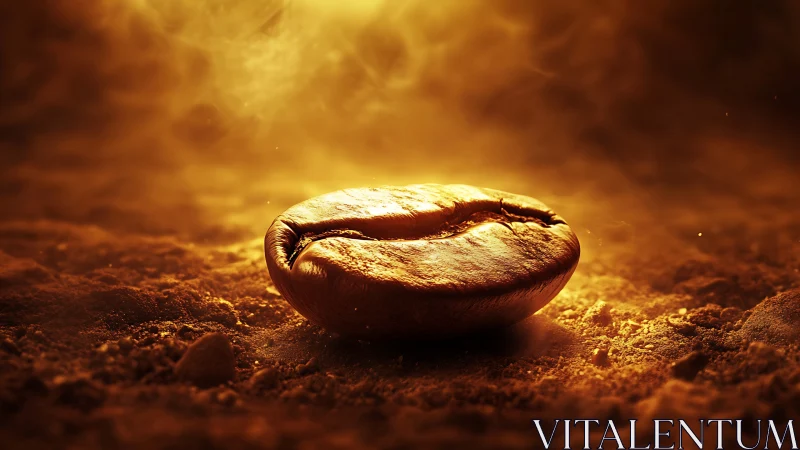 Macro roasted coffee bean in warm backlit aromatic dust field