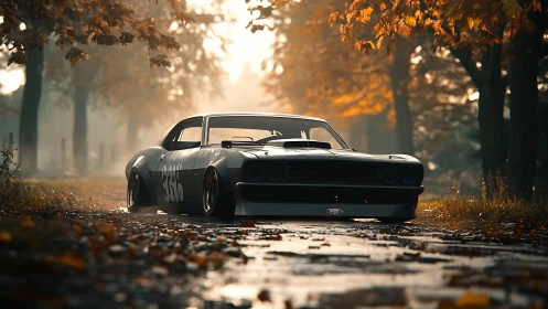 Low-slung muscle car glides through misty autumn alleyway.