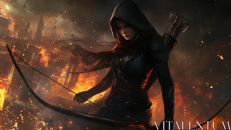 Hooded archer stands over burning futuristic cityscape