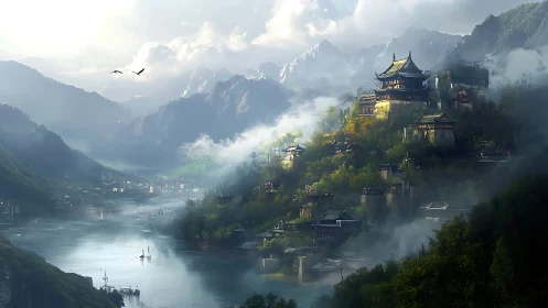 Mist-draped mountain citadel above a tranquil river realm.