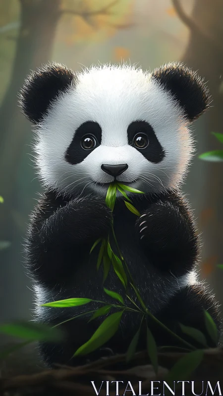 Bright-eyed baby panda enjoys a peaceful bamboo snack