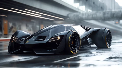 Futuristic hypercar with extreme wide-track stance on wet roadway