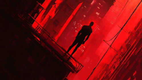 Silhouette on urban ledge in red vertical cityscape.