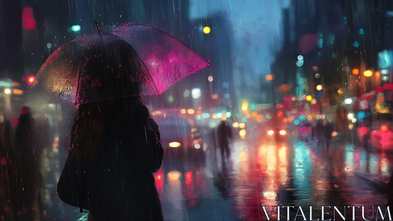 Silhouetted figure waits under neon umbrella in rainy city night
