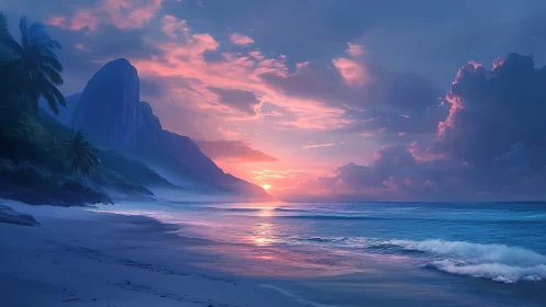 Digital seascape depicts coastal mountains under sunset light