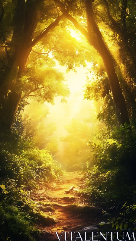 Forest pathway with sunlight penetration through canopy.