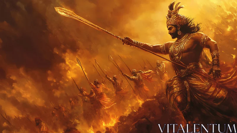 Warrior leader charges with spear through burning battlefield