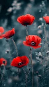 Vibrant red poppies bloom against a soft teal landscape