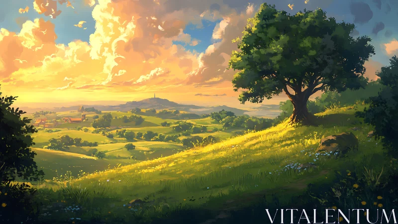 Digital pastoral hillside under luminous sunset sky composition.
