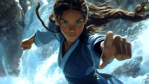 Hydrodynamic martial focus amid cascading waterfall turbulence.