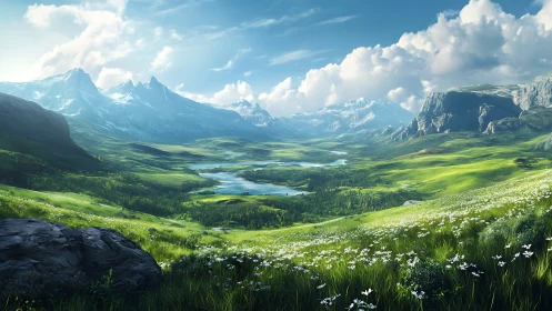 Mountain valley landscape with lakes under clear daylight.