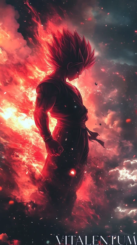 Fiery anime warrior standing tall in glowing storm clouds.