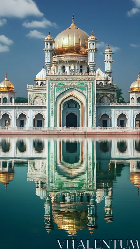 Gold-domed mosque facade mirrored in still water surface.