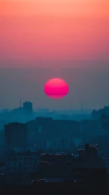 Neon sun sinks over misty city skyline in dreamlike dusk