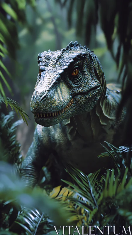 Velociraptor stalks dense jungle under moody teal light.