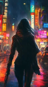 Neon drenched city street welcomes a lone wanderer tonight