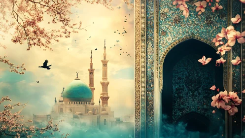 Dreamlike mosque skyline contrasts with ornate tiled portal