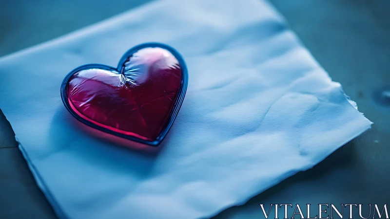 Crimson heart-shaped object rests on textured white fabric surface