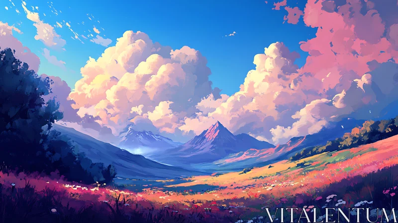 Vibrant digital landscape with bright valley and peaks.