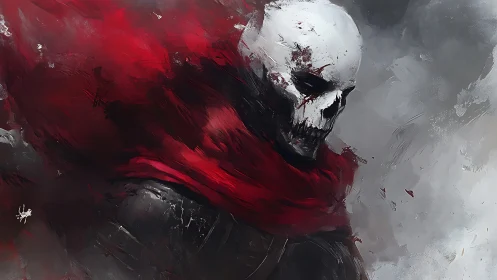 Skeletal war sentinel in red vortex scarf, atmospheric study.