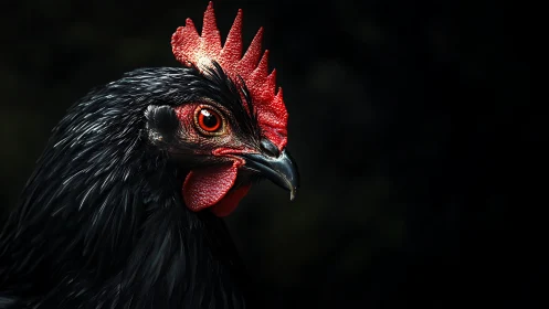 Black Rooster with Red Comb in Profile.