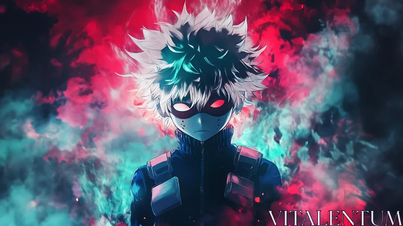 Backlit anime hero in red cyan energy fog with glowing eyes