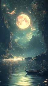 Luminous moonlit gorge with ethereal river reflections digital painting.