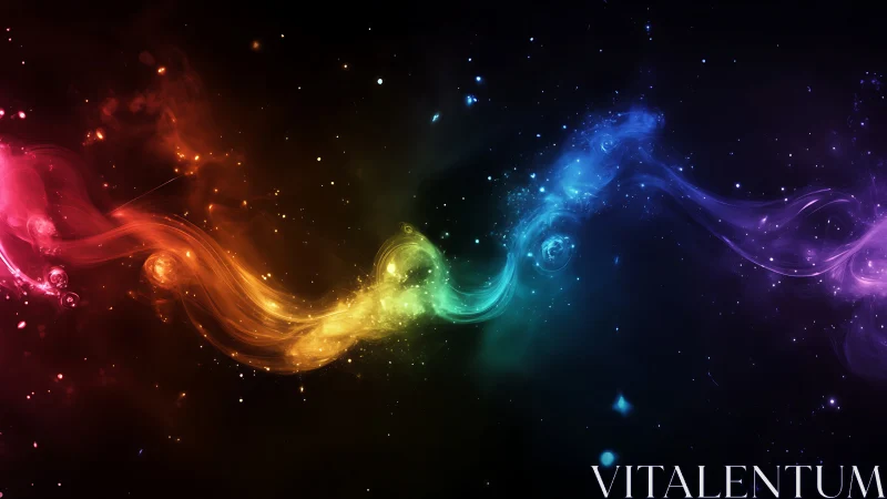 Colorful nebula wave flows across dark starry space.