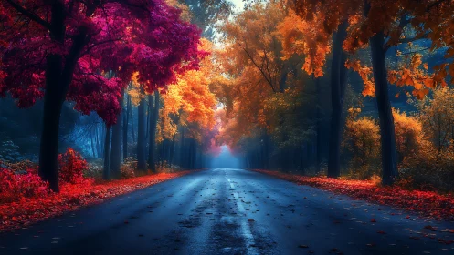 Moody forest road cuts through vivid neon autumn foliage
