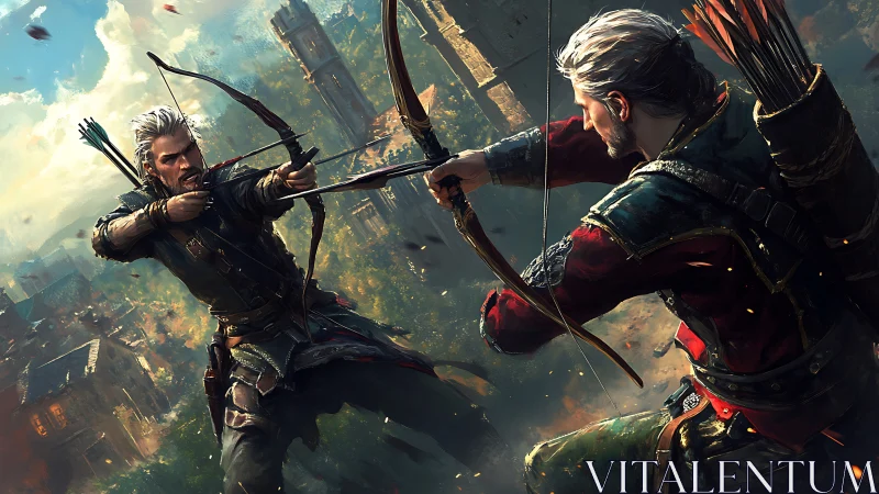 Dueling fantasy archers unleash arrows above a burning city.