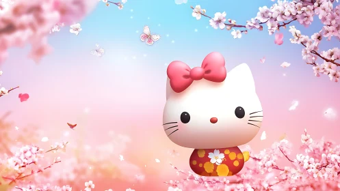 Cute white cat figure among soft cherry blossoms.