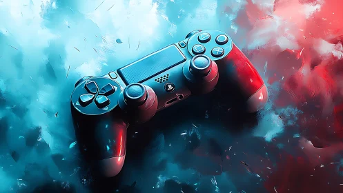 Gaming Controller With Blue and Red Digital Effects.