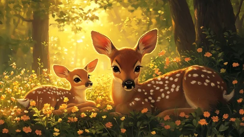 Sun-dusted fawns trade secrets in a golden forest clearing