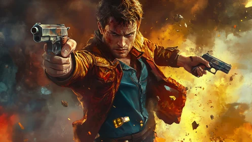 Male gunman in mid-action pose amid fiery explosion.
