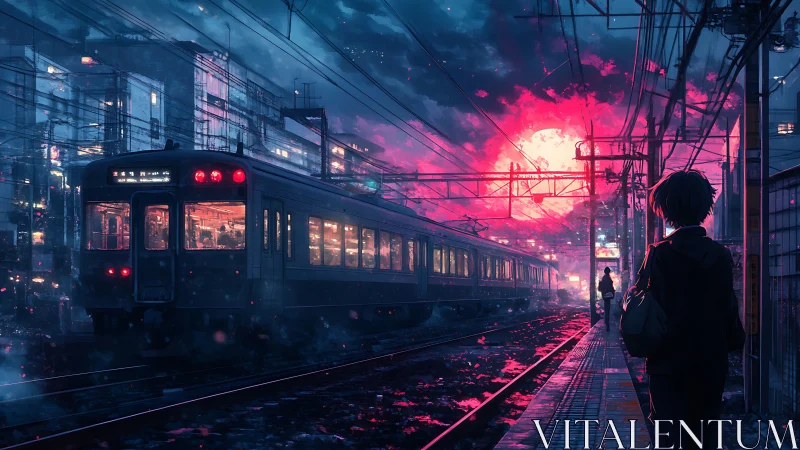 Neon dusk commuter train under blazing magenta sky.