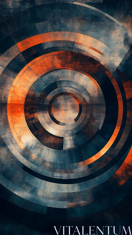 Concentric industrial rings glow in teal and ember light