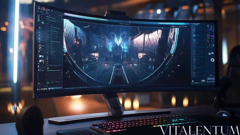 Curved ultrawide monitor in neon-lit gaming workspace.