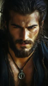 Bearded man with facial scars stares forward in close-up