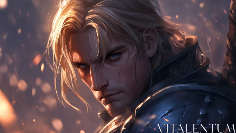 Blond armored warrior portrait in ember-lit three-quarter view