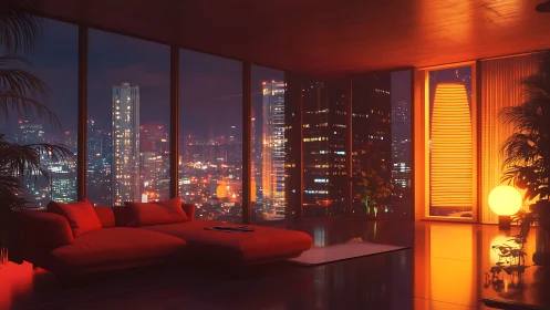 Interior night lounge facing illuminated city skyline view.