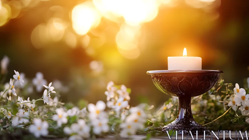 Sunset hush crowns a single candle in blooming stillness