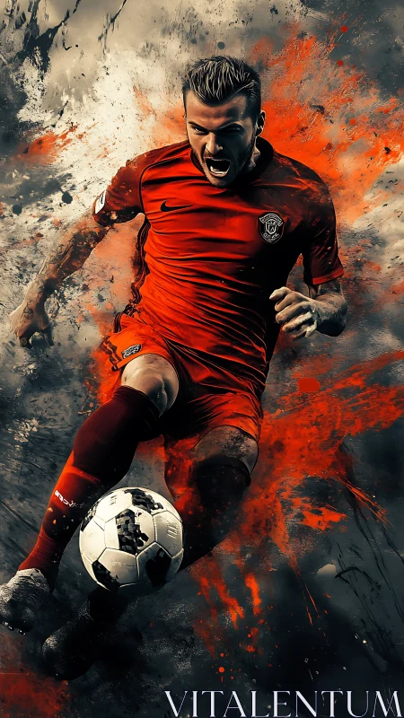 Soccer player in red kit striking ball amid paint splashes.