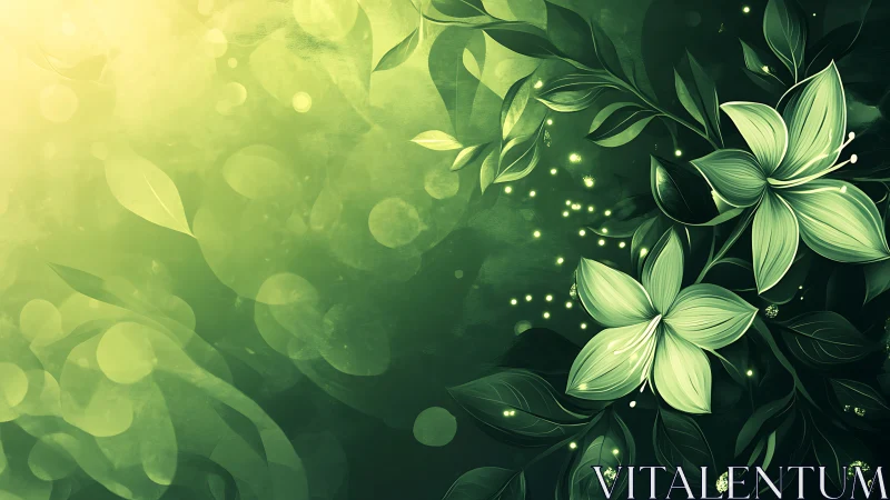 Emerald floral abstraction with luminous gradient bokeh field.