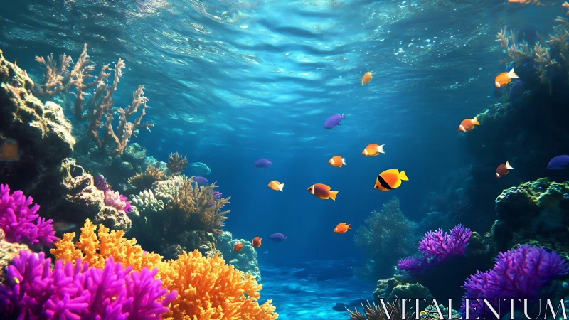 Colorful tropical reef scene with small schooling fish.