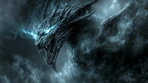 Glowing-eyed draconic entity amid dense storm clouds.