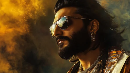 Golden-lit bearded man in aviator sunglasses exudes cool confidence.