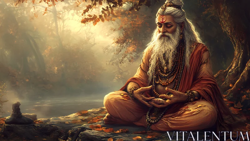 Elderly ascetic in cross-legged pose by forest riverbank.