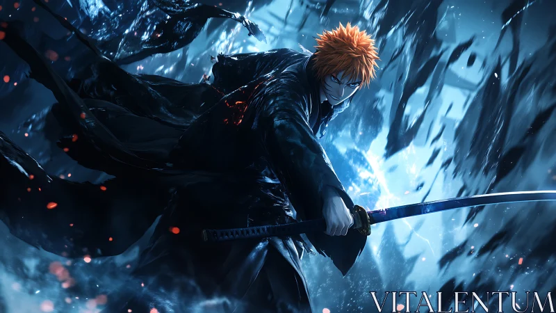 Orange haired anime swordsman lunges forward in blue storm